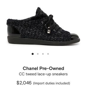 CHANEL CC BLACK METALLIC Shimmer tweed lace-up sneakers women’s size 37 shoes
